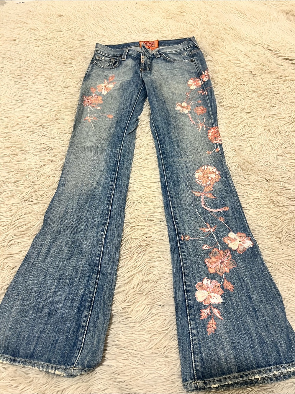Guess Blue Flare Jeans with Pink Floral Embroidery